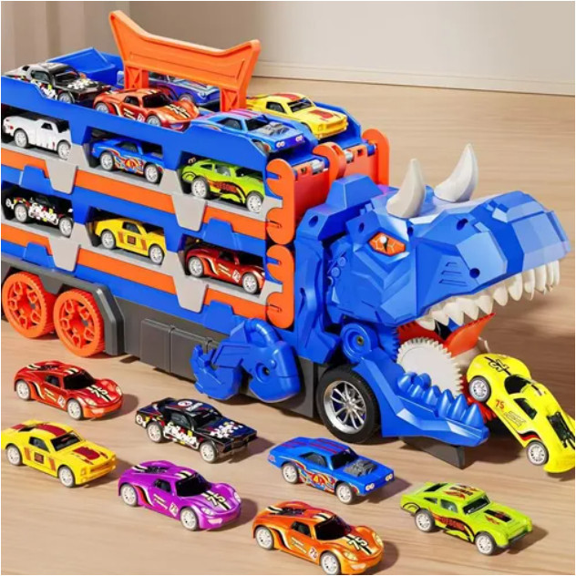 Caminhão Dinossauro 4 em 1 com pista e lancador, 6 carrinhos demetal em Oferta na Shopee