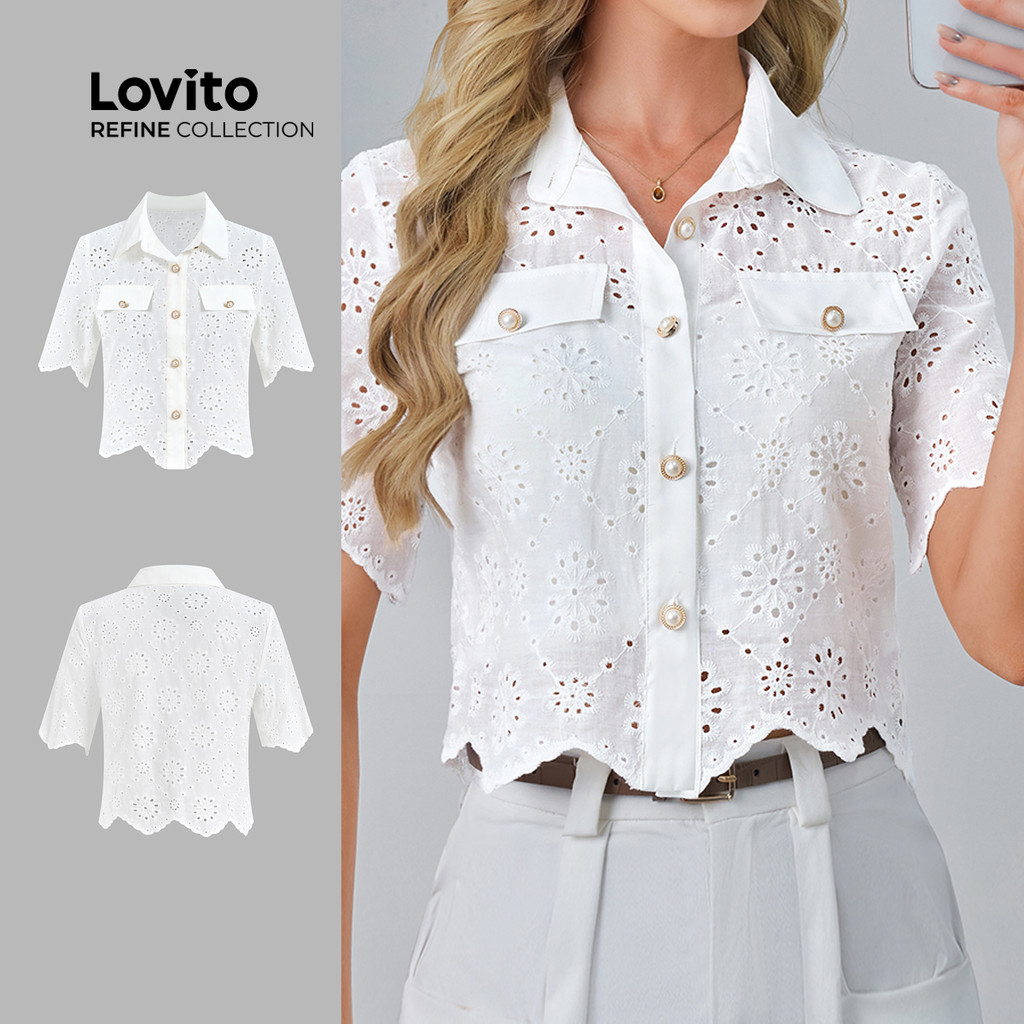 (NEW) (Lovito Refine) Blusa Elegante Bordado com Ilhós Bolso Falso Botão Primavera/verão Blusa Branca LR21L096 em Oferta na Shopee