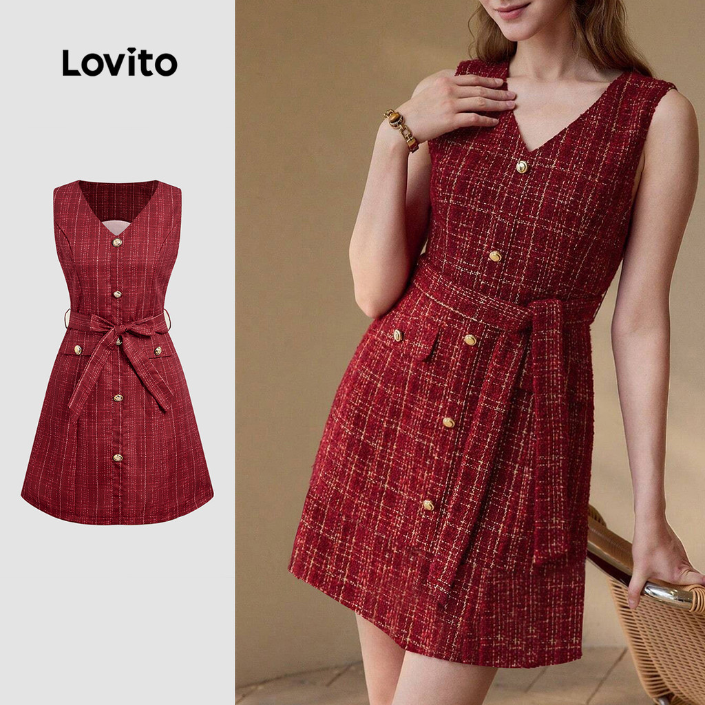 (NEW) Lovito Vestido Elegante com Cinto Primavera/verão Vermelho para mulheres LBL29340 em Oferta na Shopee