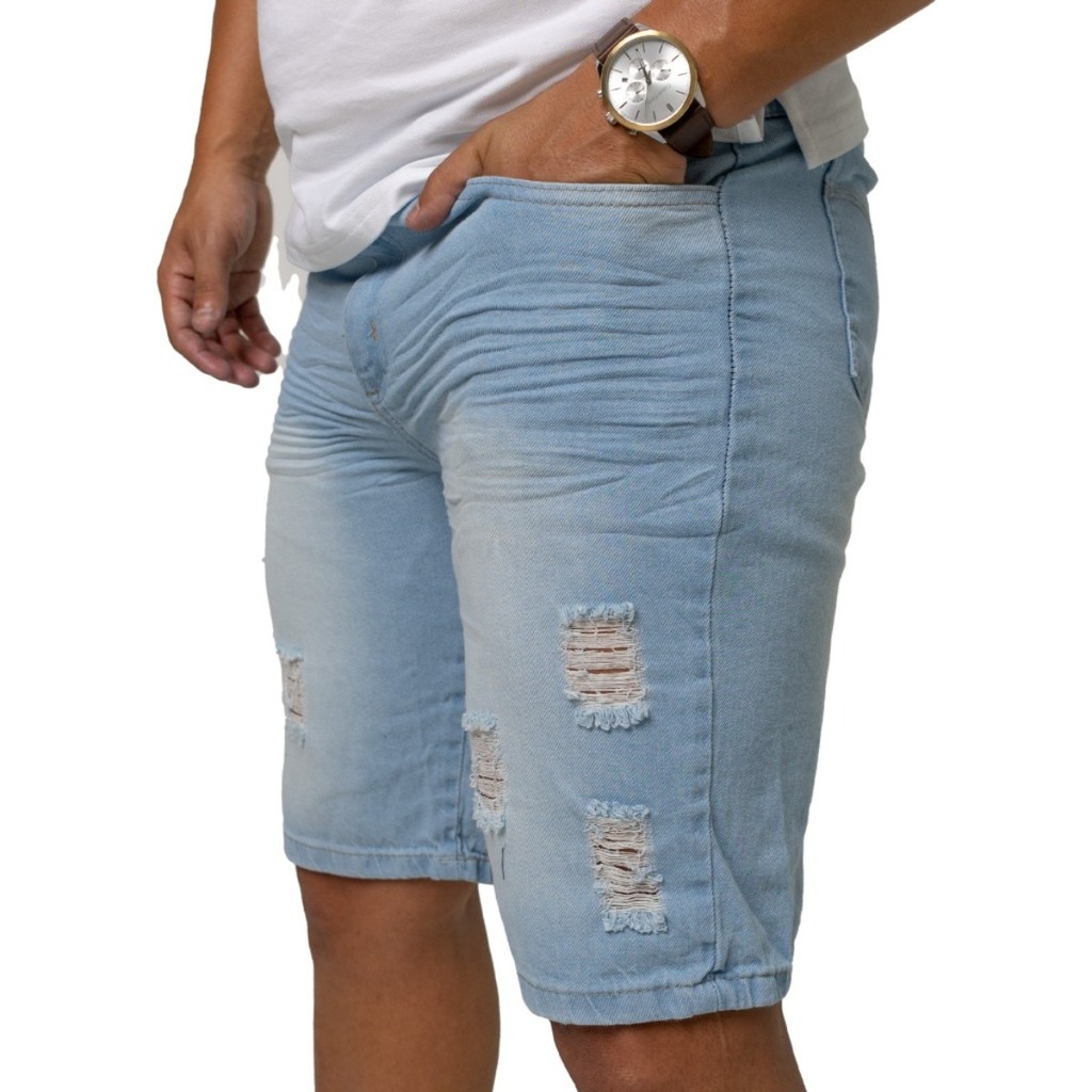 Bermuda Masculina Jeans Azul Clara Rasgada Envio imediato - Short Jeans Masculino - Tendência