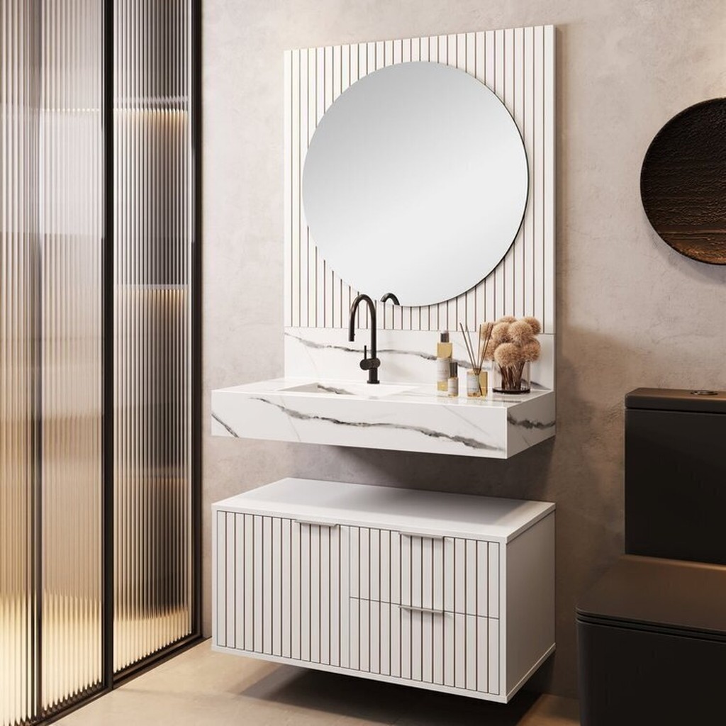 Conjunto para Banheiro Bancada em Porcelanato com Cuba Esculpida, Armário e Espelho Ripy 80cm Branco em Oferta na Shopee