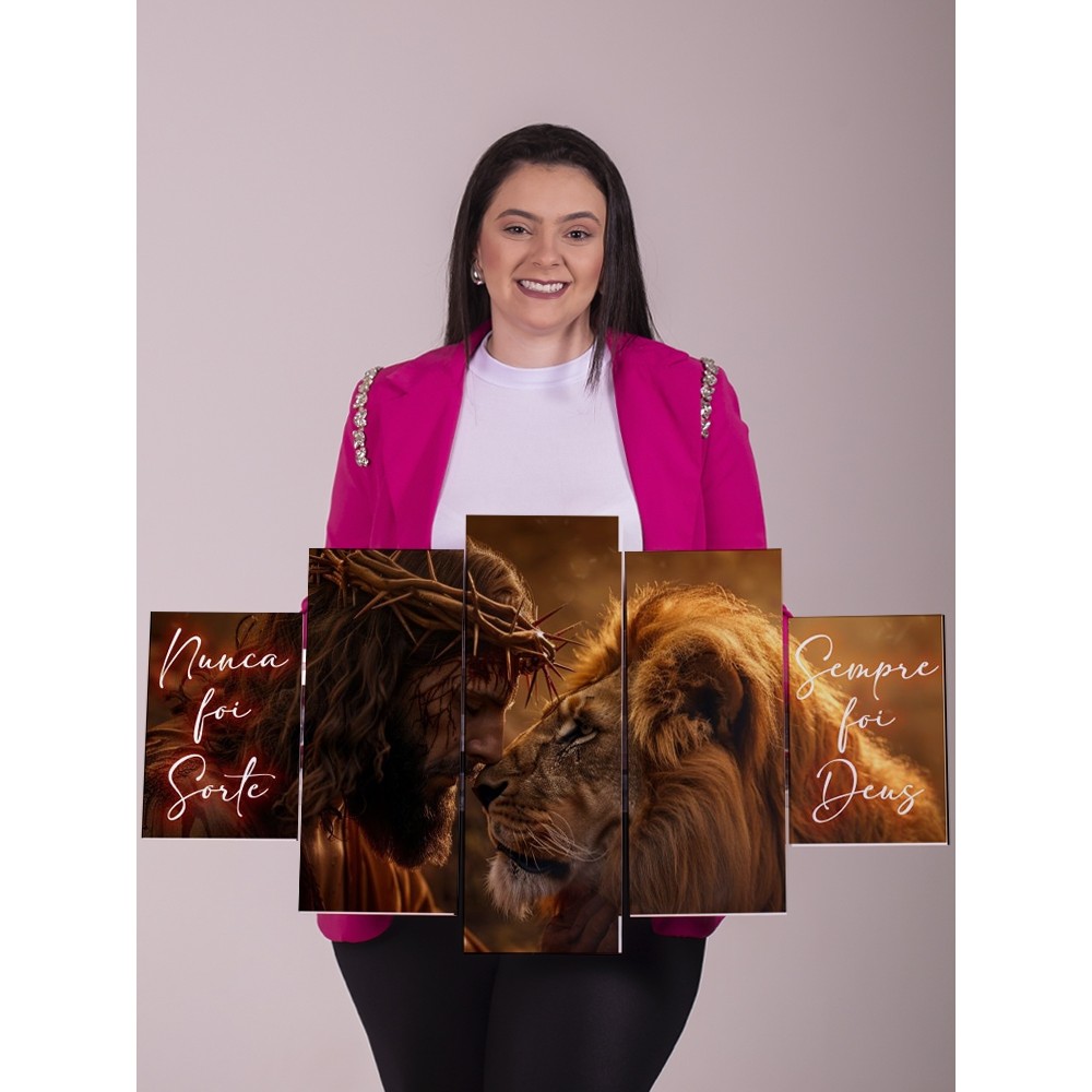Quadro Decorativo 5 Peças Jesus e Leão Nunca Foi Sorte Sempre Foi Deus Sala Quarto Parede