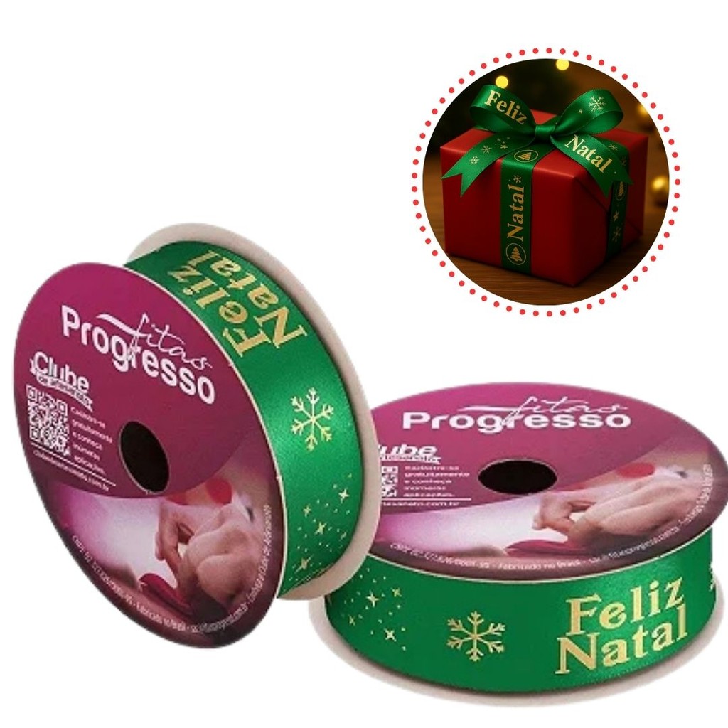 5 ROLO DE 10 METROS DE FITA CETIM 22 MM FELIZ NATAL COR 1081 - FITAS PROGRESSO(CHOCO)