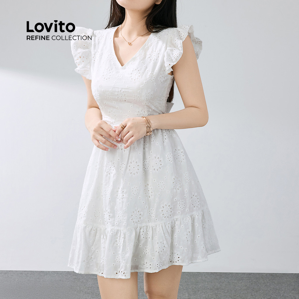 Detalhes do (Lovito Refine) Vestido Casual Bordado Com Ilhós Primavera/verão Vestido Branco Para Mulheres LR12ED031