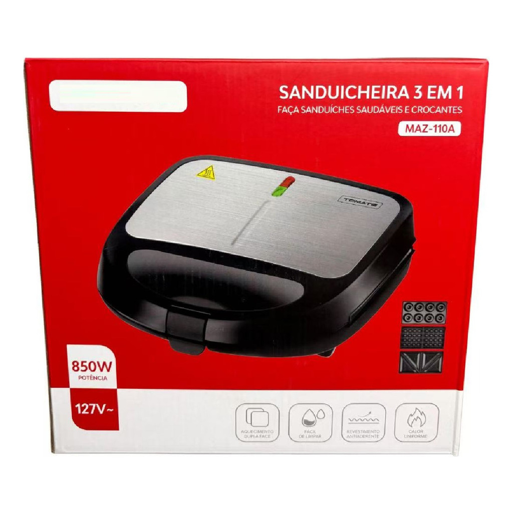 Sanduicheira Elétrica 3 Em 1  850w 127v Compacta Inox Aikino