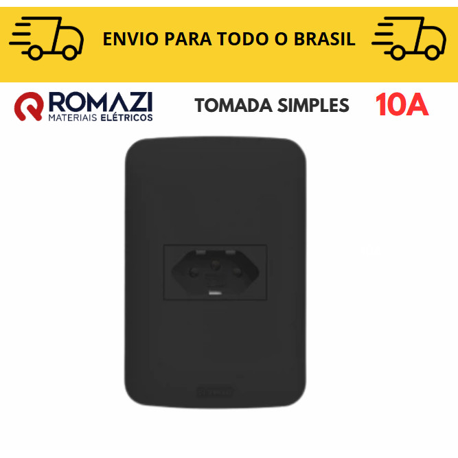Tomada Simples 10A linha canoa black romazi / 10A / 20A / Paralelo / Tomada Preta