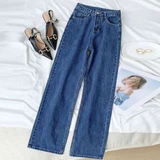 Versão coreana cintura alta azul escuro perna larga Jeans feminino primavera outono novo estilo em linha reta mais magro