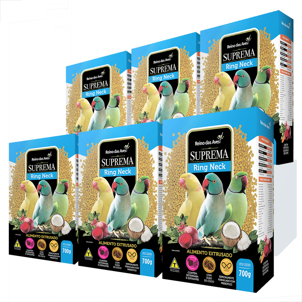 Ração Suprema Ring Neck Extrusada 700g Kit com 6 Unidades Calopsita com Óleo de Coco Cenoura Espinafre Beterraba