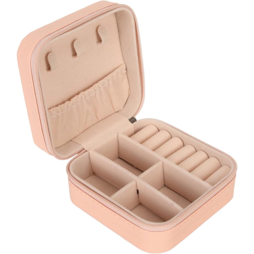 Porta Joias de Viagem Rosa em Couro PU Premium com Zíper | Organizador para Anéis, Brincos, Colares e Acessórios
