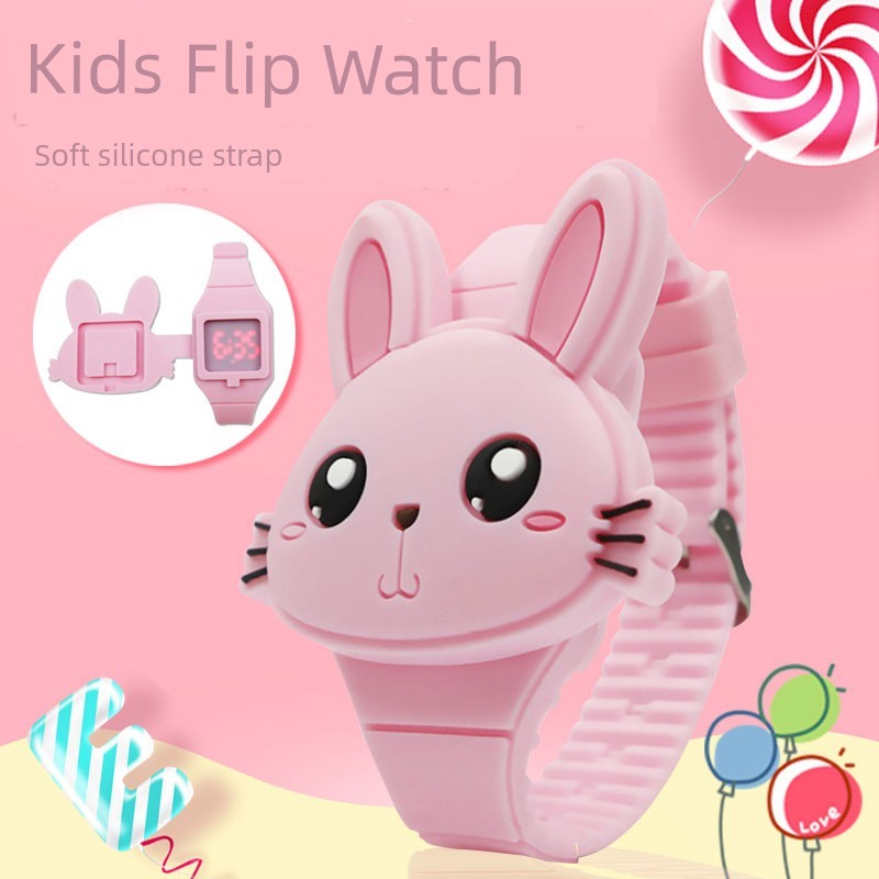 relogio feminino luxo relogio feminino pequeno Relógio menina versão coreana Flip pequeno coelho branco fofo 6 anos de i