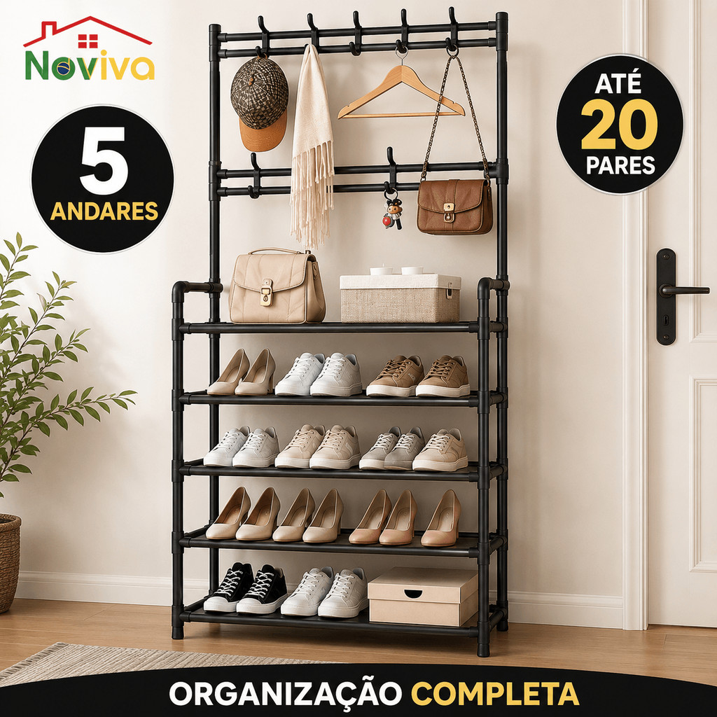Sapateira Cabideiro 5 Andares Multifuncional com Ganchos | Organizador para Sapatos, Bolsas e Roupas