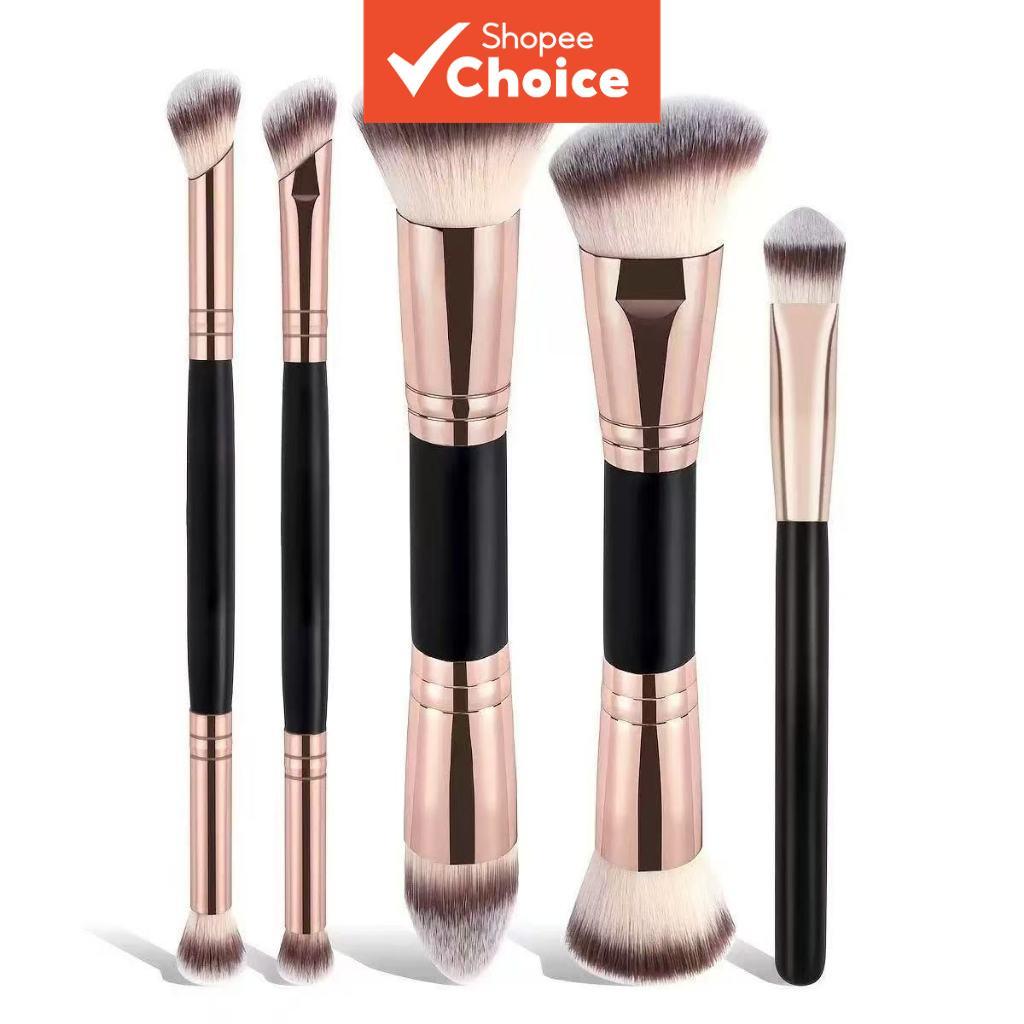Conjunto de 5 pincéis 2 em 1 com 9 pontas – para base, corretivo, pó e esfumado