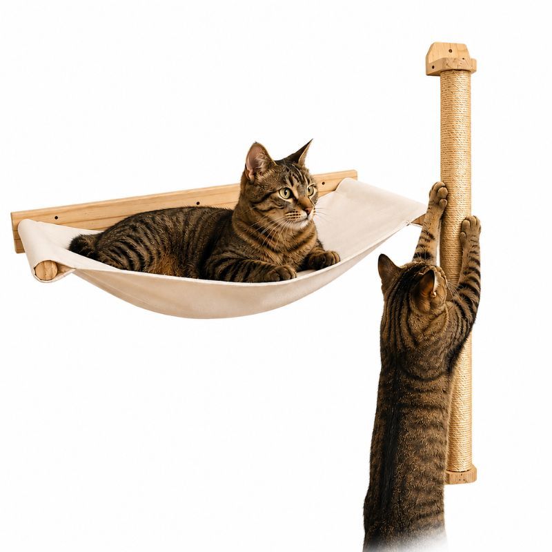 Kit Rede Cama Suspensa E Arranhador De Parede Para Gatos P/G