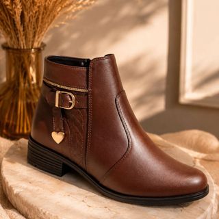 ✅ Bota Feminina Cano Curto Marrom Elegante com Detalhes Dourados e Zíper 207