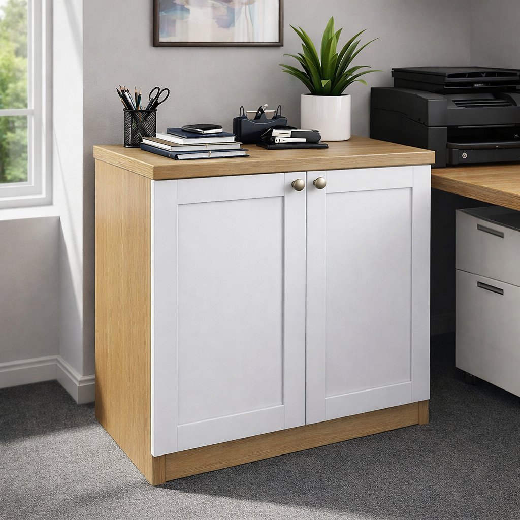 Armário para Escritório Baixo 2 Portas 100% MDF Branco Savana/Branco