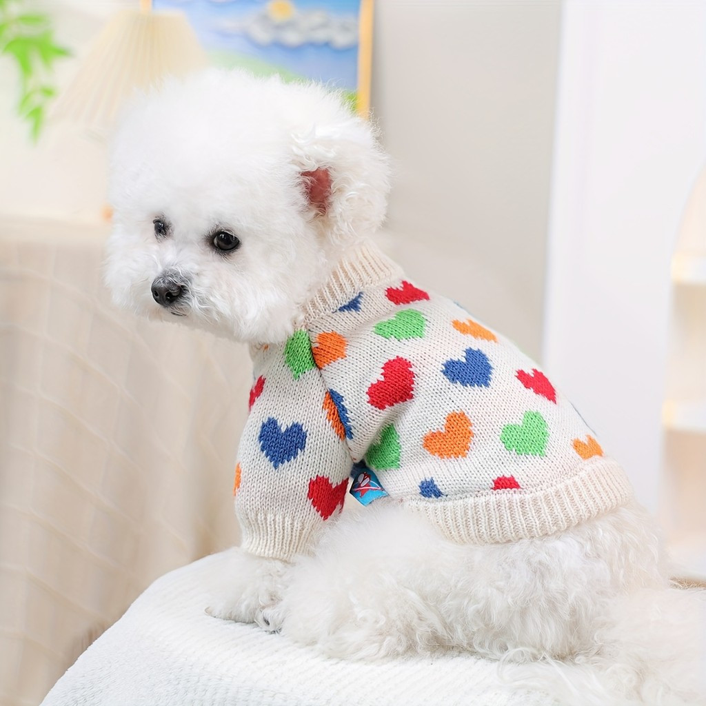 1pc Universal Pet Sweater for Cats and Dogs, Cute Colorful Heart Knitted Pullover for Bichon Frise, Pomeranian, and Smal