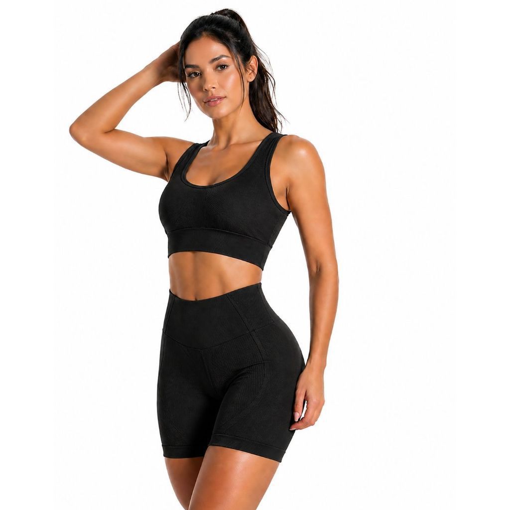 Conjunto canelado Short + Top Poliamida Fitness Feminino Canelado Sem Costura Com Bojo Removível Academia Treino Yoga