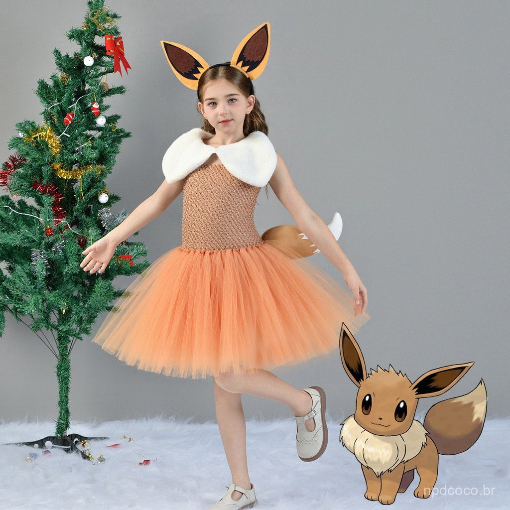 Conjunto de Vestido de Desenho Animado Pokémon Eevee para Meninas, Fantasia de Cosplay de Halloween W6RN