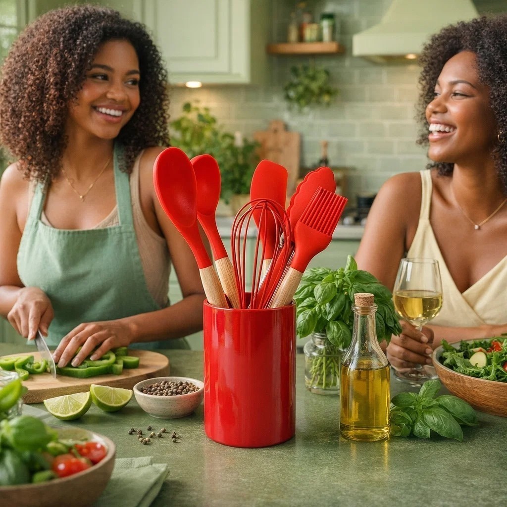Jogo Utensílios De Cozinha Silicone Vermelho Cabo Madeira Conjunto 7 Peças Antiaderente Completo