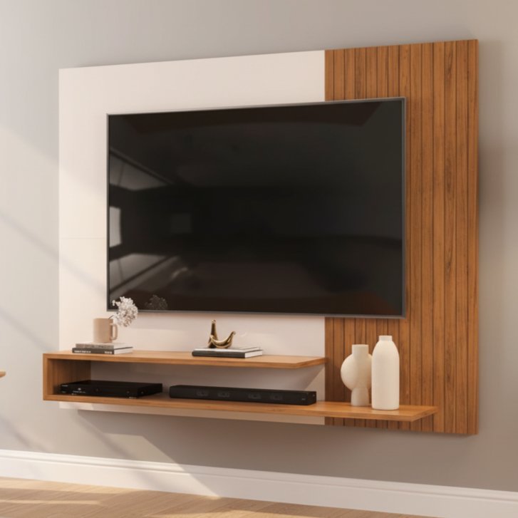 Painel Ripado para TV até 50 Polegadas MDF 136CMX107,8cm 2 Prateleiras Nando Branco Freijó/Off White