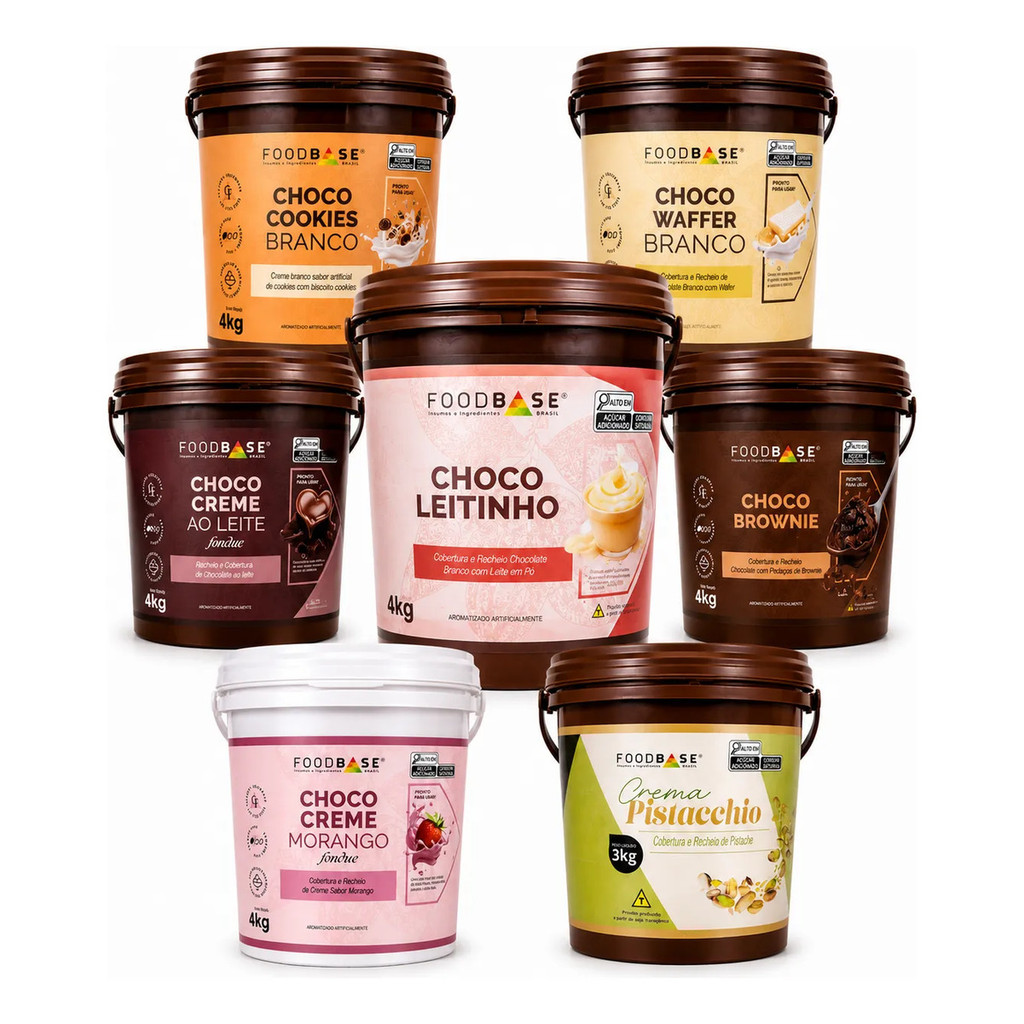 Recheios Foodbase Balde 3e 4kg Leitinho Pistache Browne Cookies Wafer Fondue Ao leite Fondue Morango