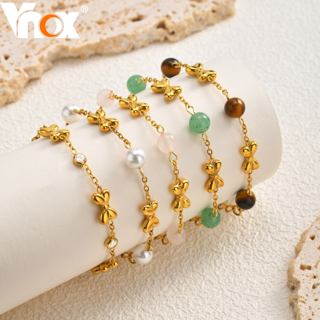 Vnox Ouro Aço Inoxidável Bowknot Pedra Natural Grânulo Pulseira Para Meninas Meninos Crianças , Segurança Jóias Presente