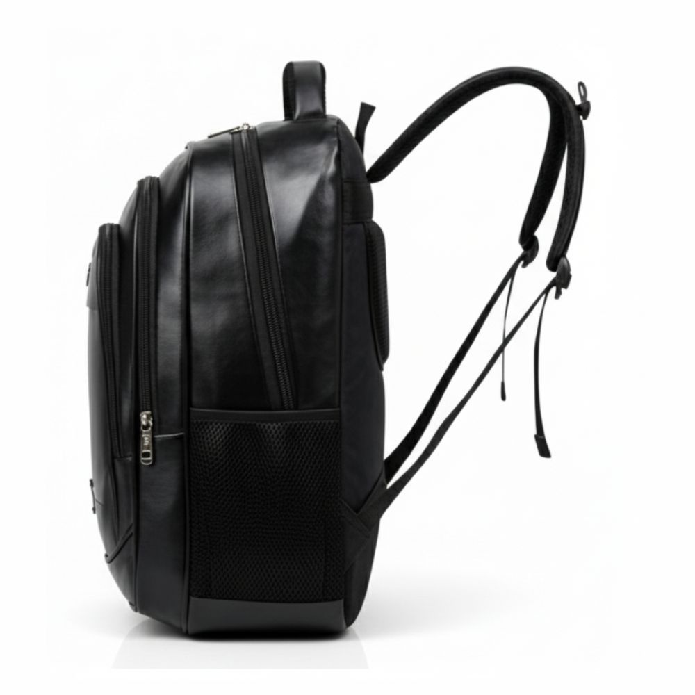 Mochila de Couro Grande Preta Resistente com Porta USB e Compartimento para Notebook — imagem 2 de 2