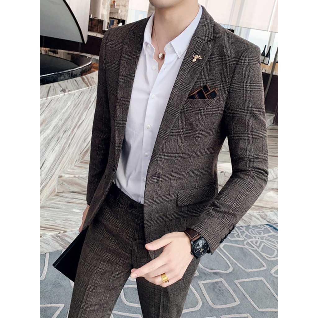 Terno masculino fino-ajuste versão coreana na moda Casual xadrez pequeno terno jaqueta masculino de noivo terno Fo