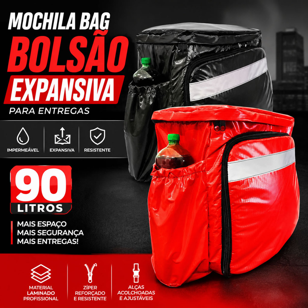 Mochila Bag Bolsão Expansiva Térmica Laminada Profissional Delivery 80L a 90L Impermeável para Motoboy