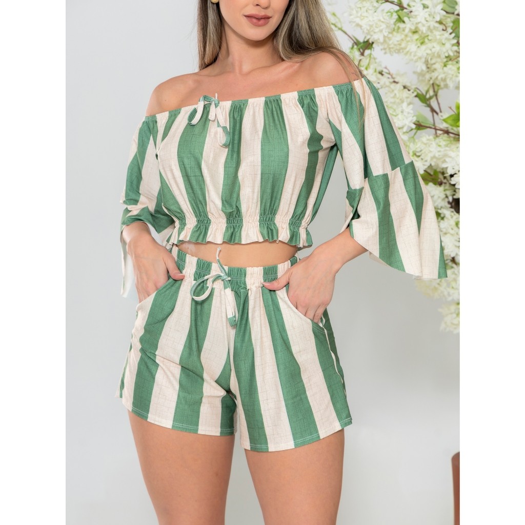 Conjuntinho Listrado Short E Blusa Cropped Tomara Que Caia Sem Bojo  Chic Oferta Hoje