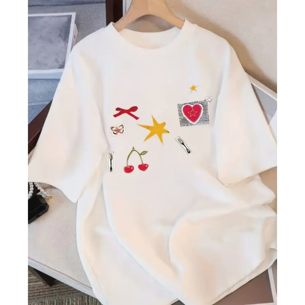Bonito Camiseta Feminina Casual De Verão, Versátil E Confortável, Com Estampa Colorida De Coração E Estrela