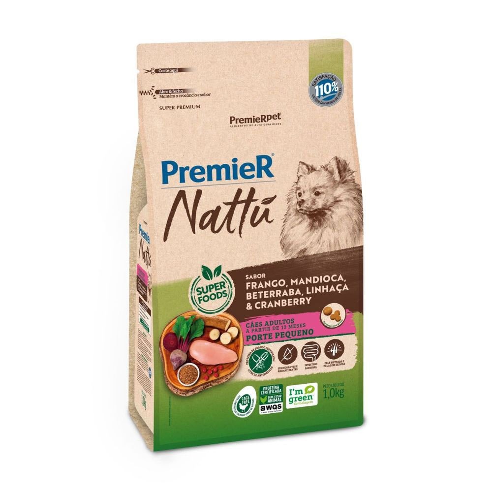 Ração PremieR Nattu cachorros adultos raças pequenas frango, mandioca e linhaça 1,0kg em Oferta na Shopee
