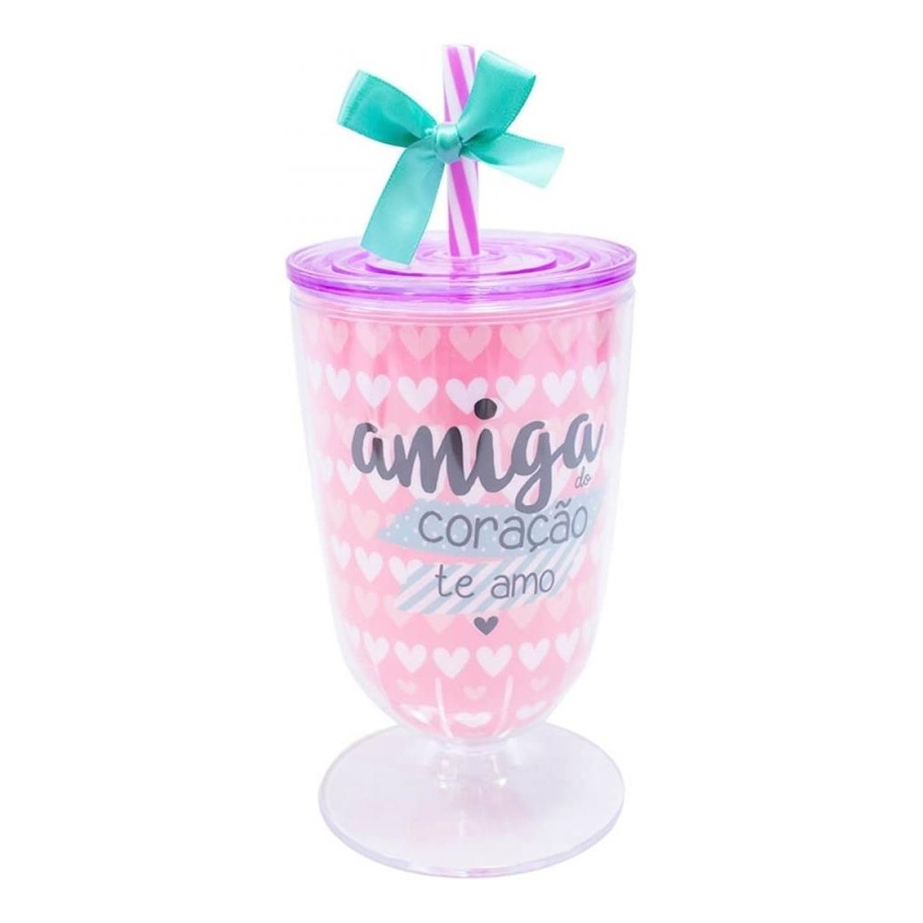 Copo Taça Amizade Com Canudo 600ml - Amiga Do Coração
