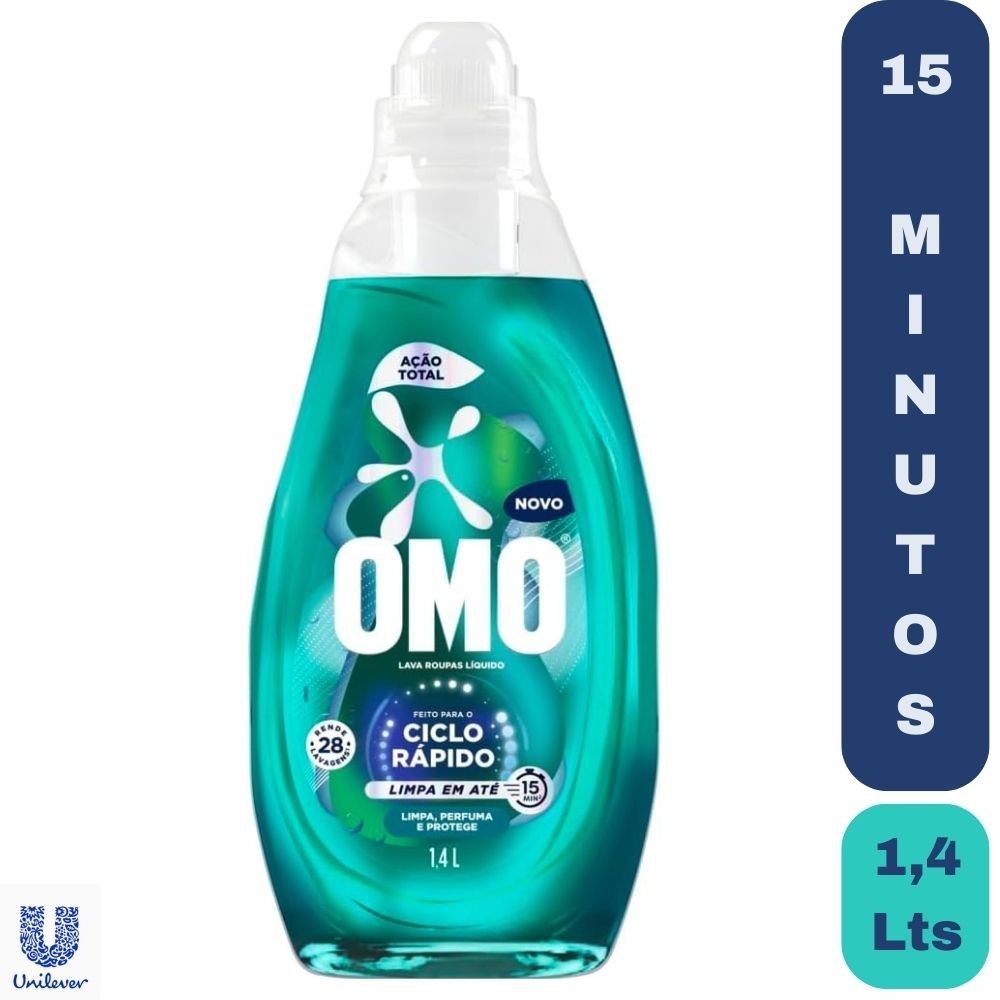 Lava-Roupas Omo Líquido Ciclo Rápido Lava e Perfuma em 15 Minutos Ação Total Frasco 1,4 Lt