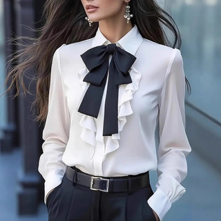 2025 Nova Moda Outono Cor Sólida Rendas Até Arco Plissado Design Casual Camisa De Manga Comprida Para Mulher