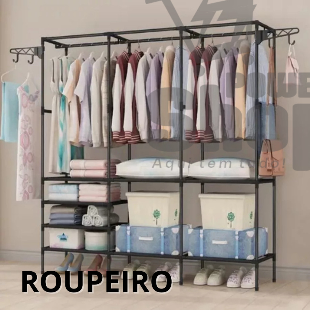 Roupeiro Guarda Roupa Portátil Cabideiro Arara Para Roupa Sapateira Organizador Multiuso Armário