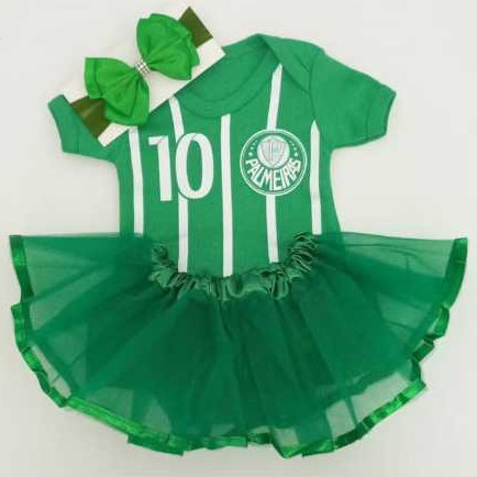 Kit Body Bebê Menina Time Paulista Verde Verdão  Conjunto Infantil Mesversário Body Saia Laço