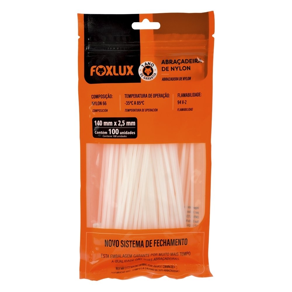 Abraçadeira Nylon Foxlux 140mm x 2,5mm Branco - Embalagem com 100 Unidades