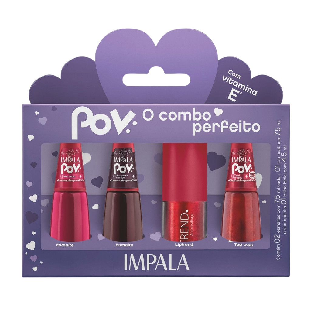 Kit 3 Esmaltes 1 Brilho Labial Coleção Pov Vermelho Impala