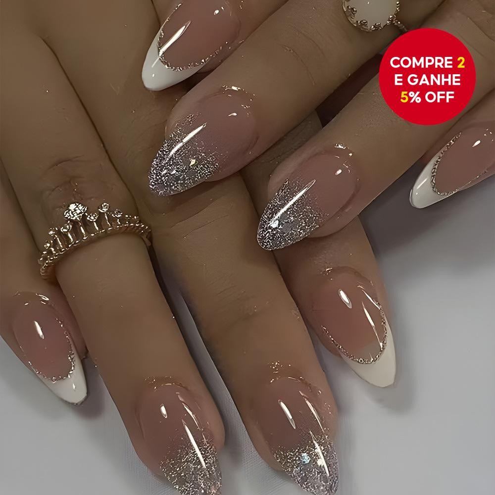 Unhas postiças amêndoa francês, 24 peças minimalistas com brilho sutil e borda branca, ideais para festas.