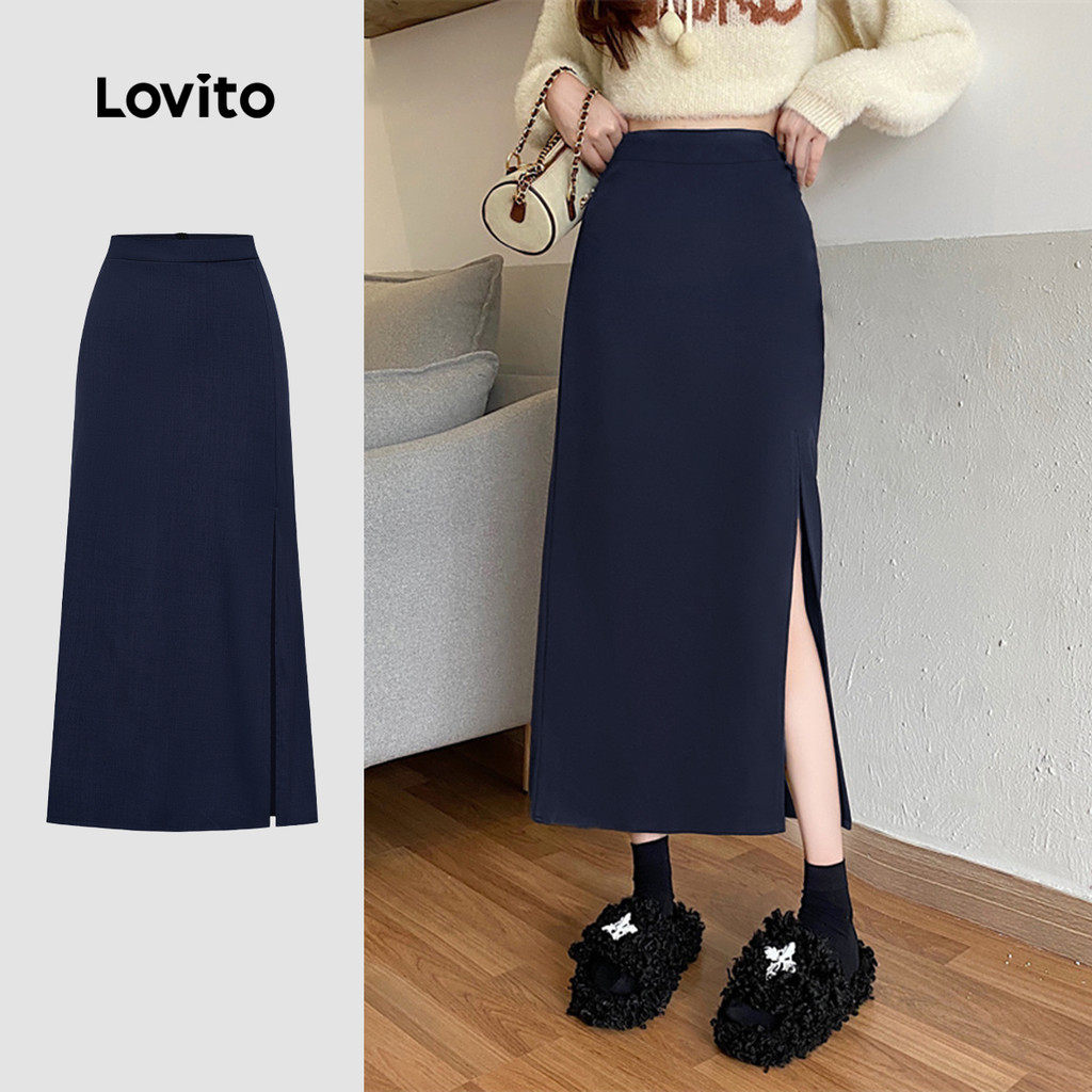 Lovito Saia Elegante com Fenda Frontal para Primavera/verão Saia Azul-marinho para mulheres L149LD057 em Oferta na Shopee