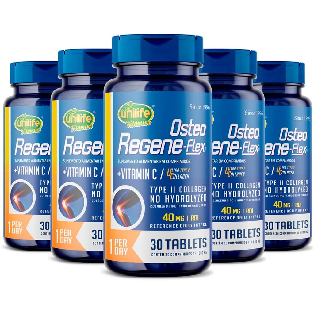 Kit 5 Frascos de Colágeno Tipo 2 Osteo Regeneflex 30 Comprimidos Unilife