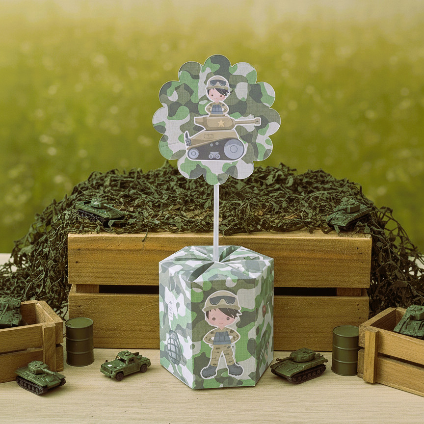 Centro de Mesa Militar/ Soldado EXÉRCITO - Caixa sextavada para mesa -  decoração festa infantil- Pegue e Monte