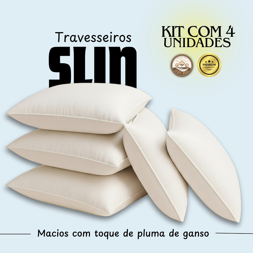 Kit 4 Travesseiro Pluma de Ganso Descanso Antiácaro 70x50cm Confortável Macio Luxo