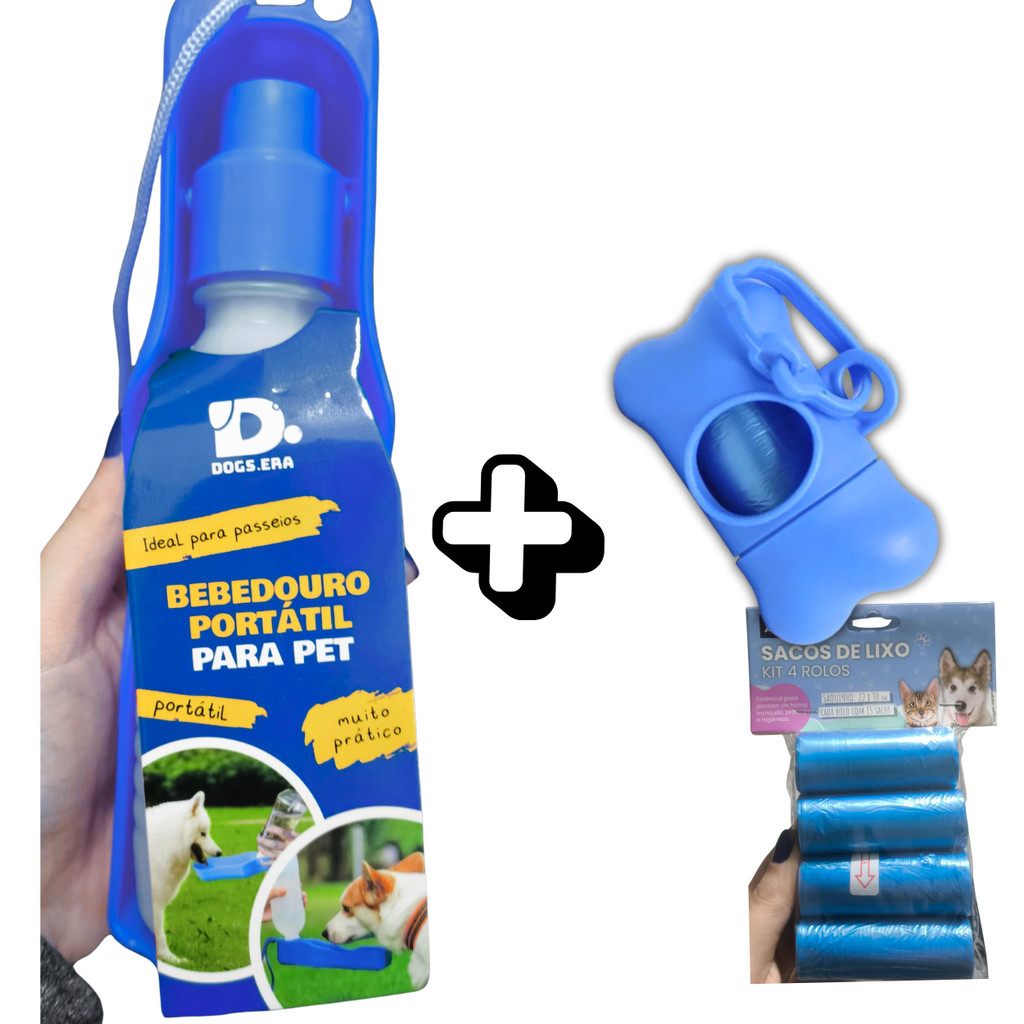 Kit Passeio 3 em 1: Bebedouro Portátil 250 ml + Cata Caca com 1 Refil + 4 Refis extras