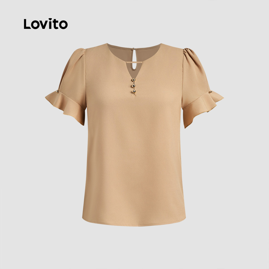 Detalhes do Lovito Blusa Casual com Botões e Volantinho Primavera/verão Blusa Cáqui para mulheres LBL28088