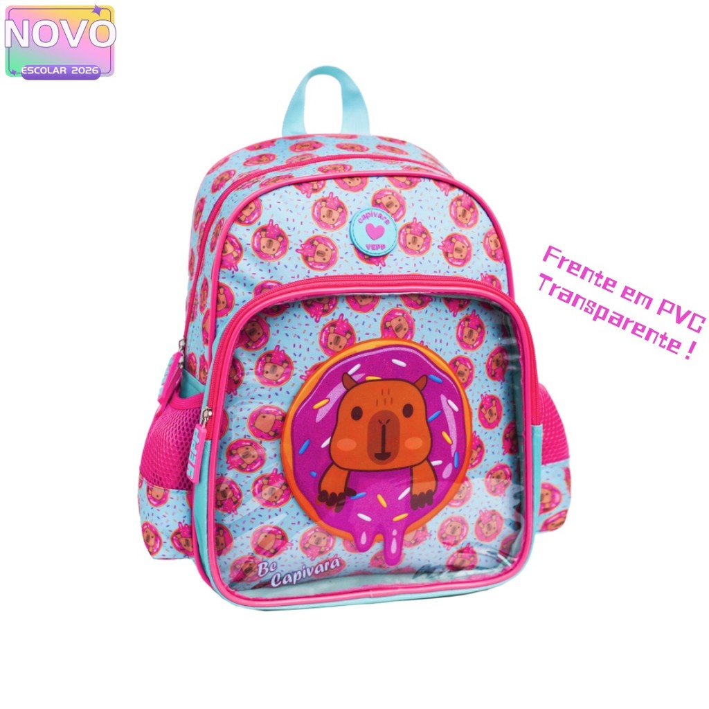 Mochila Infantil Costas Capivara E Rosquinha Frente em PVC Tamanho Médio Escolar 2026 em Oferta na Shopee