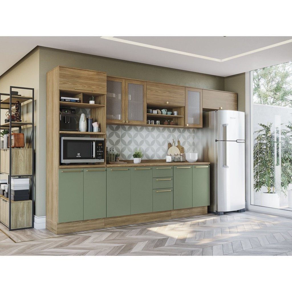 Cozinha Completa 6 Peças com Torre Quente e Porta Telada Botanic Nogueira/Verde Oliva em Oferta na Shopee