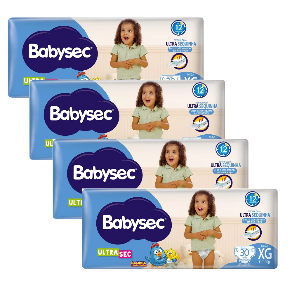 Kit 4x Fralda BabySec Ultrasec Galinha Pintadinha Mega XG 30un – Ideal para o Dia a Dia