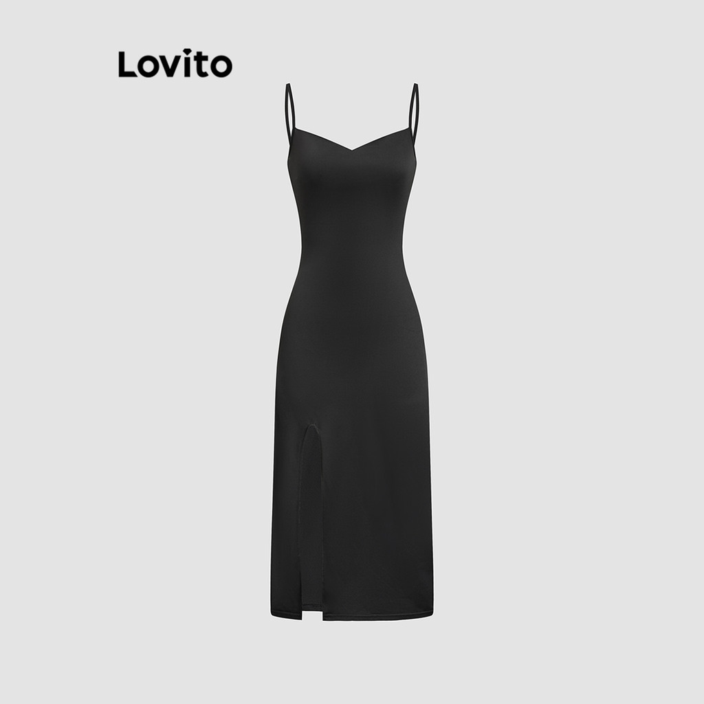 Detalhes do Lovito Vestido Casual Liso Com Frente Dividida Para Mulheres L112ED205